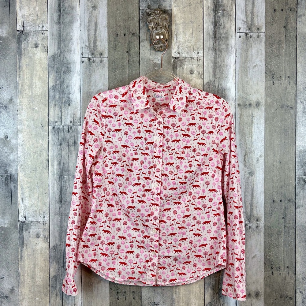 Boden The Classic Shirt Foxes & Rabbits Print in Pink Red Combo Size 4.